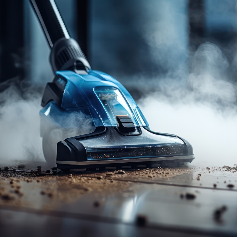 Aspirateur puissant nettoyant saletés et vapeur Aspirateur traîneau bleu puissant nettoie des saletés brunes et de la vapeur monte du sol brillant.