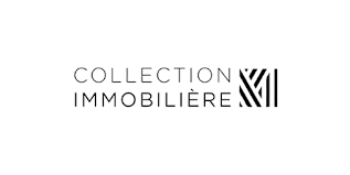 Collection Immobilière : Expertise Luxe et Immobilier Logo élégant Collection Immobilière avec typographie fine et un monogramme abstrait rayé à droite.