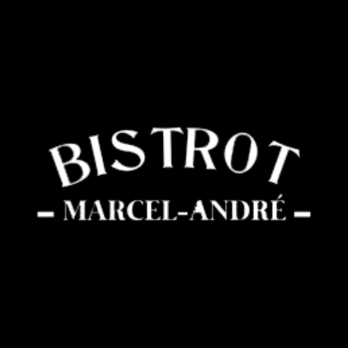 Logo Bistrot Marcel-André : Typographie Classique et Élégante Logo blanc sur fond noir : BISTROT écrit en police courbée, suivi de "- MARCEL-ANDRÉ -" en bas.
