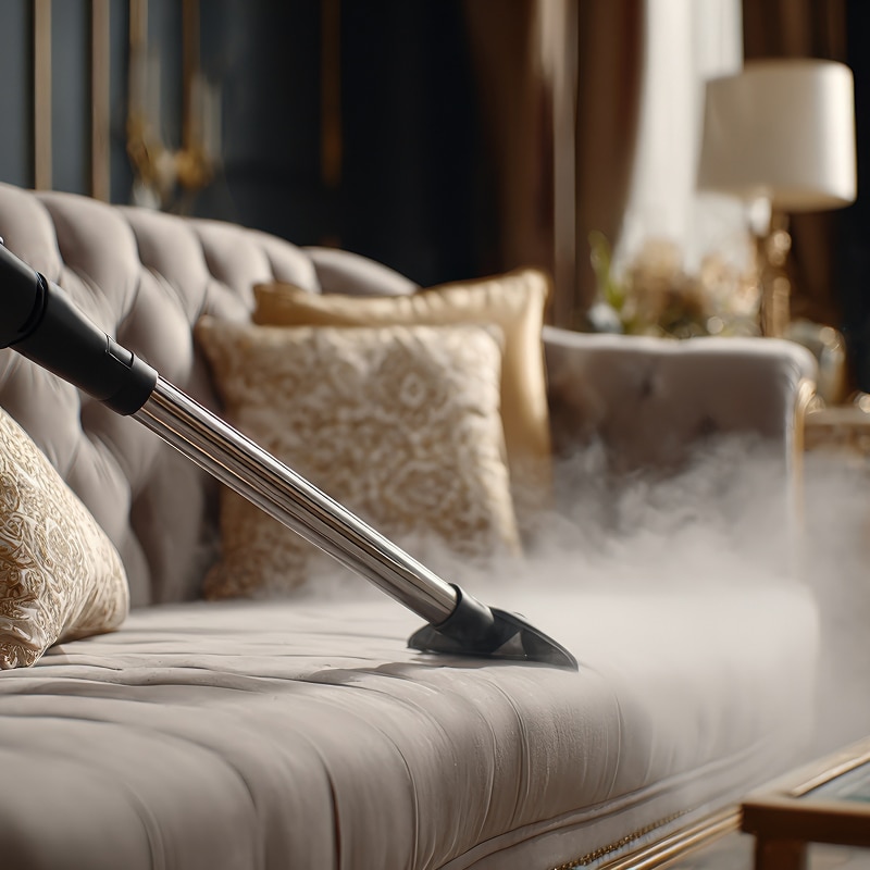 Nettoyage Vapeur Canapé Luxe : Expertises et Services Nettoyage vapeur d'un canapé capitonné luxueux de couleur taupe avec un accessoire d'aspirateur, dégageant beaucoup de vapeur.