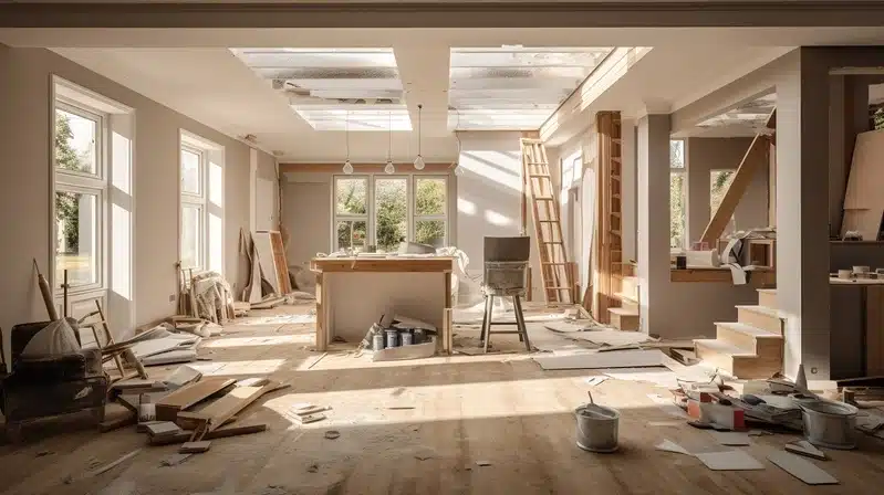 Intérieur d'une maison en pleine rénovation, bois et poussière sur le plancher, chantier ouvert sous les puits de lumière.