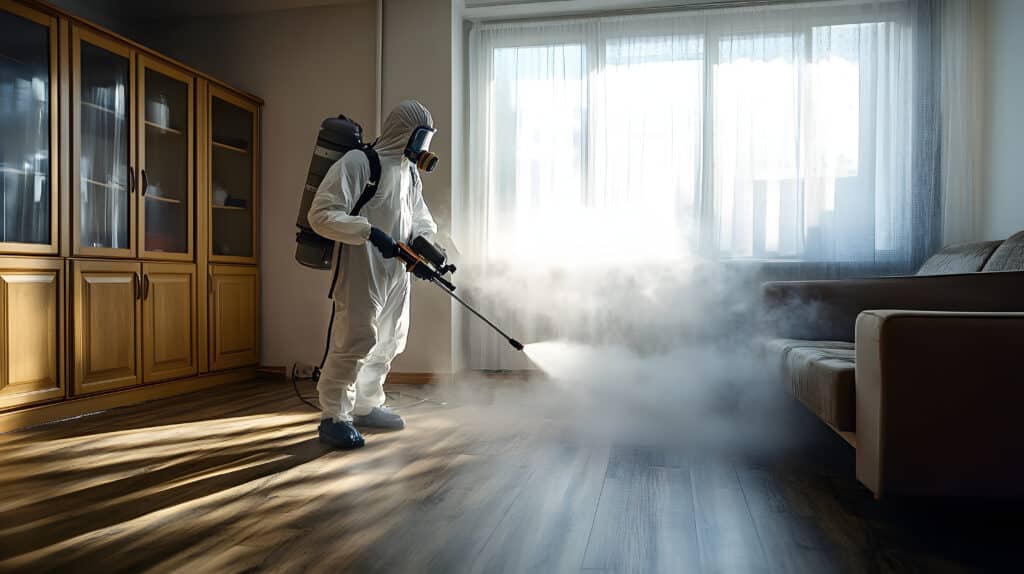 Désinfection de maison : professionnel pulvérisant un brouillard Professionnel en combinaison blanche et masque désinfecte un salon avec un pulvérisateur, créant un brouillard épais près du canapé et du plancher en bois.