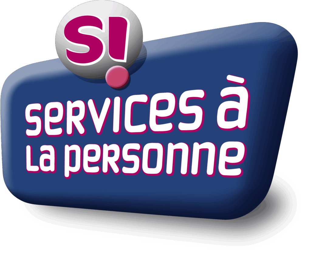 Logo SI Services à la Personne - Services à Domicile Logo bleu foncé avec le texte blanc et rose « SI services à la personne » et un cercle blanc contenant « SI! ».